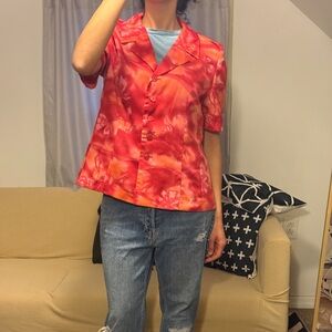 Vibrant Red Button-Up with shoulder pads Blouse